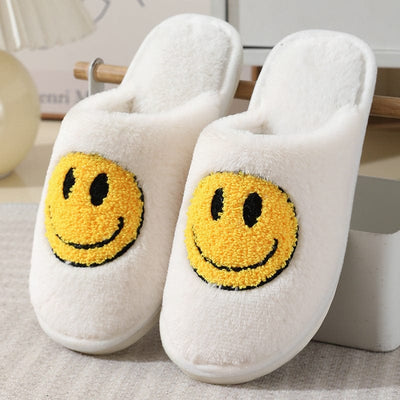 Gift - Online 01 / S: 36/37 for 35-36 feet / 1 Pair NEW 2024 Smile Smiley Happy Face Soft Cozy Fluffy Cute Indoor Shoes Slippers