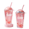 Gift - Online 1 Pcs Summer Sakura Starry Sky Glass Tumbler with Straw - 400ml, Stylish Women's Gradient Cup
