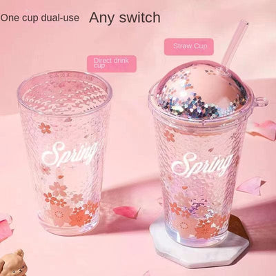 Gift - Online Summer Sakura Starry Sky Glass Tumbler with Straw - 400ml, Stylish Women's Gradient Cup