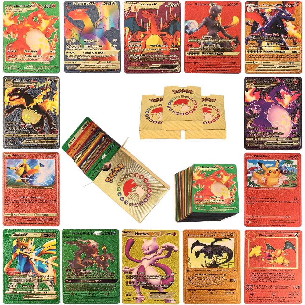 Pokemon Pack; lot de 5 Cartes Pokémon en feuilles dorées; type Vmax GX  Charizard اPikachu, Collection Rare à prix pas cher